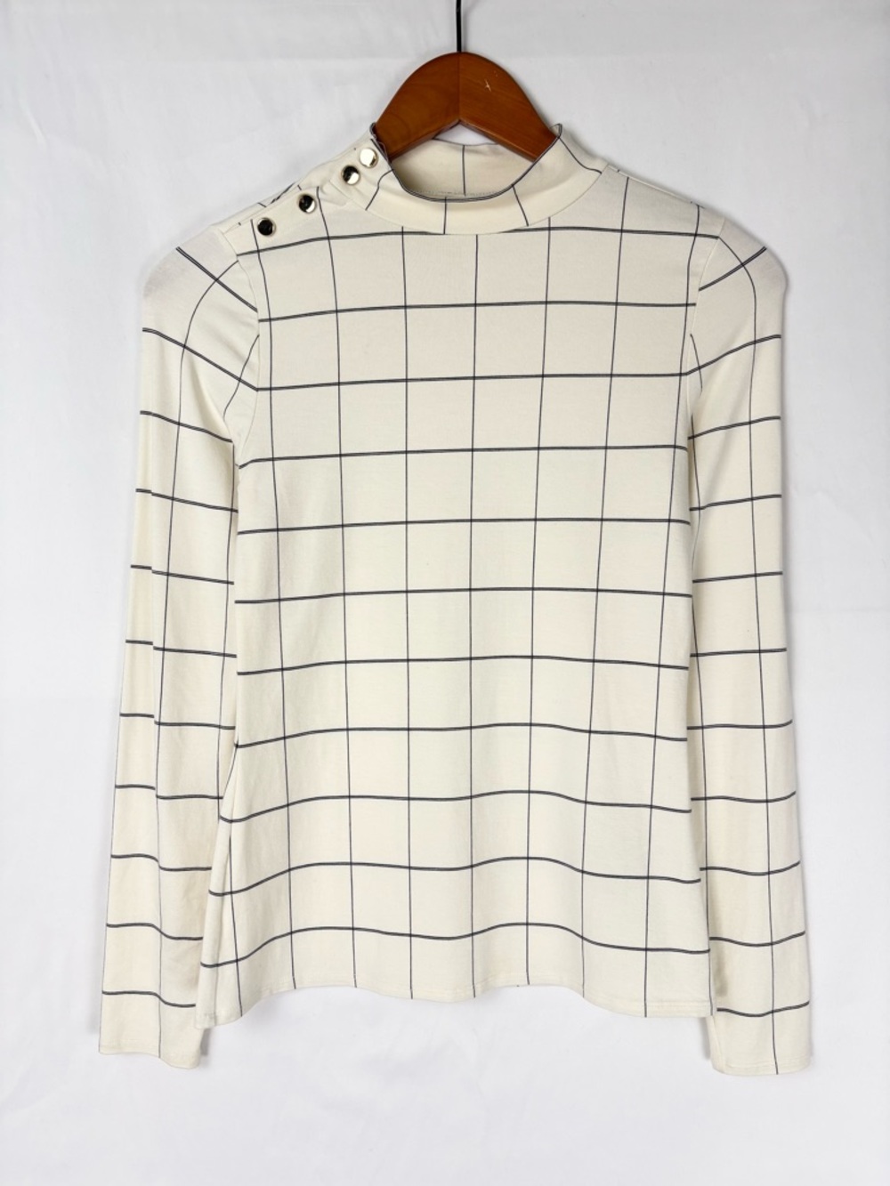 Karen Millen Turtleneck Tied Hem Check Top White Black Size 6